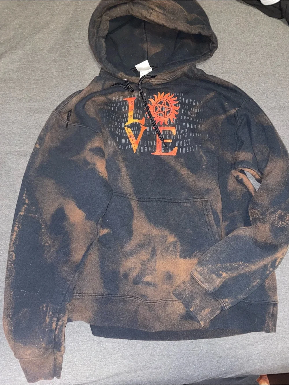 Supernatural Black Bleach-Dyed Hoodie with ‘LOVE' Graphic size medium